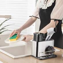 1pc Kitchen Sink Soap Dispenser, 3-In-1 Stainless Steel Sink Sponge Holder, Utensil Drainer Tray, Desktop Stainless Steel Dish Soap Brush Caddy Organizer - Bạc - Xem 5