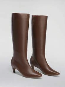 Women Knee High Boots 2 Inch Kitten Heel Fashion Comfortable  Square Toe Dating And Party Wide Calf Long Boots For Fall And Winter - màu nâu - Xem 1