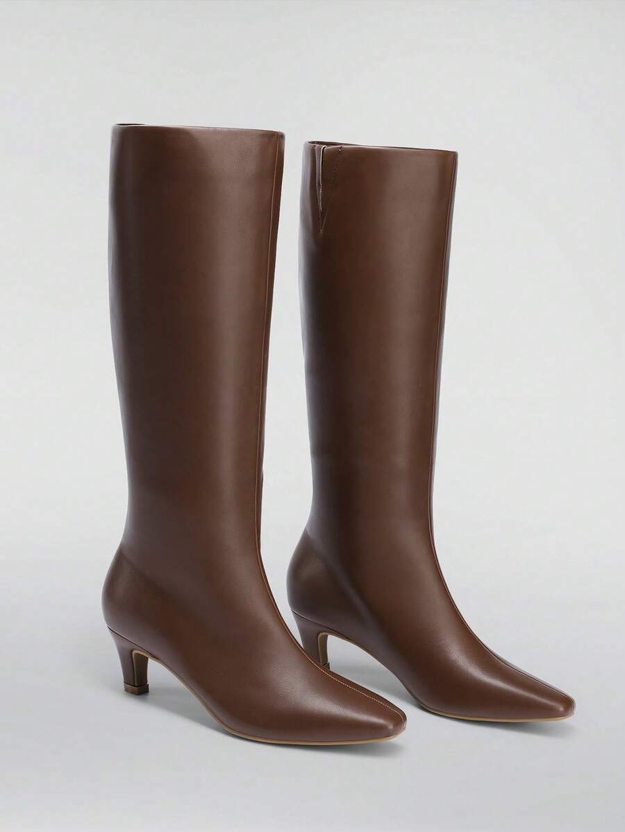 Women Knee High Boots 2 Inch Kitten Heel Fashion Comfortable Square Toe Dating And Party Wide Calf Long Boots For Fall And Winter - màu nâu - Xem 1