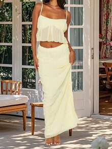 Womens Two Piece Summer Outfits Sleeveless Ruffle Hem Cami Tops And Long Skirt Set Beachwear - 黃色 - 查看 3