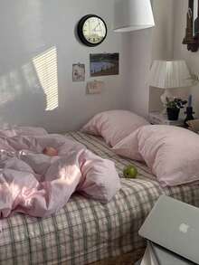 Bộ chăn ga gối đệm cotton màu hồng đơn giản 100% cotton Sakura Pink kiểu dáng INS, 3 món, 2 vỏ gối + 1 vỏ chăn (Không có ga trải giường) - Hồng - Xem 5