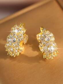 一对华丽闪亮的白色立方氧化锆镶嵌优雅圆形耳环，奢华派对婚礼首饰，女士适用。情人节配饰 - A - 查看 8