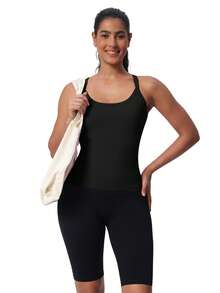 Athletic Tank Top For Women With Built In Bra, Sleeveless Gym Tops Seamless Racerback Workout Yoga Shirts - 黑色 - 查看 4