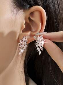 1 Pair Luxury Floral Cubic Pendant Earrings, Bridal Wedding Jewelry Gift For Girlfriend - Rose Gold - View 2