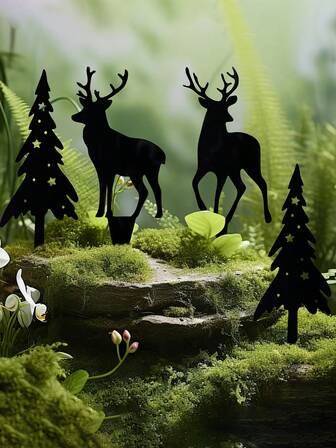 4pcs Black Metal Christmas Reindeer & Pine Tree Decorations, Holiday Animal Silhouette Garden Stakes For Indoor Potted Plants & Outdoor Yard Party Decor, Large Christmas Decoration, Outdoor Yard Christmas Decor, Home Christmas Decor, Holiday Hanging Ornaments, Classic Holiday Design, Nature-Inspired Decor, Durable Metal Pieces, Weather-Resistant Hanging Ornaments, Reindeer Decor, Holiday Shoppers, Outdoor Decor Enthusiasts