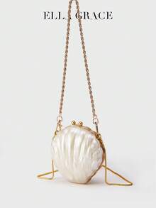 ELLA GRACE-White Shell Shape Acrylic Clutch Bag With Vintage Ball Clasp And Detachable Gold Chain Strap, Elegant Evening Purse For Women Wedding And Banquet