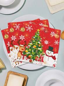 2 pièces Set de Nappe et Serviettes de Noël, avec des éléments de Noël tels que des sapins de Noël, bonhommes de neige, cerfs, cloches, etc. Convient pour les rassemblements de Noël, la décoration de la maison pour Noël et les décorations de fête de Noël.