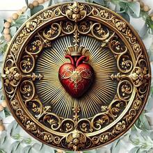 Vintage Sacred Heart Aluminum Wall Art - Golden Red Religious Decor, Home Office Spiritual Art - 彩色 - 查看 6