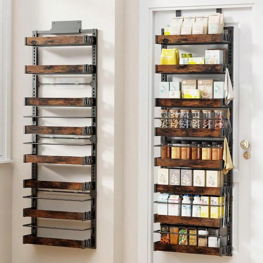 8 Tier Over The Door Pantry Organizer 2 IN 1 Wall Mount Or Metal Hanging Spice Rack For Pantry Organizers And Storage Seasoning ShelvesAdjustable Basket With Hooks For Kitchen Bathroom Laundry