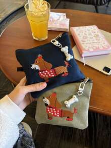 1 件可爱绒面腊肠犬形状小袋 - 耳机、口红、卫生巾、化妆包、便携式随身行李袋（不含骨头饰物）