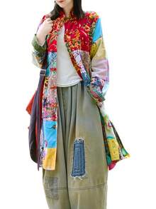 LUZU JUNU Women's Trench Coat Floral Print Long Cotton Linen Jacke Cottagecore Clothing Patchwork Outwear Bohemian Unique - 復古灰色夾克 - 查看 1