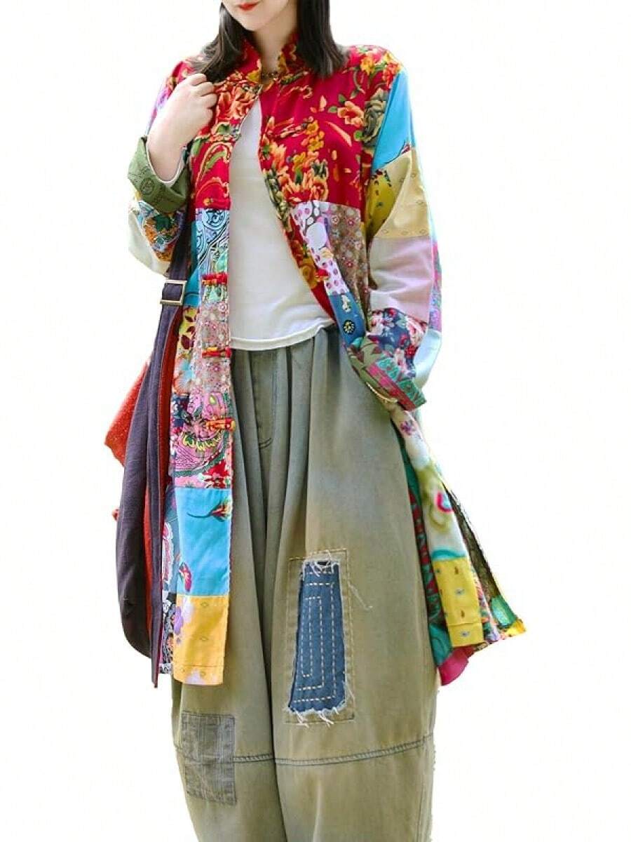 LUZU JUNU Women's Trench Coat Floral Print Long Cotton Linen Jacke Cottagecore Clothing Patchwork Outwear Bohemian Unique - 復古灰色夾克 - 查看 1