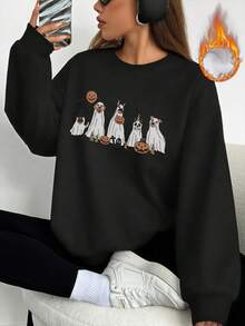 Felpa casual da donna con vestibilità morbida e rilassata, in tessuto confortevole per uno stile casual di tutti i giorni, perfetta per l'autunno/inverno, con design a tema Ognissanti con stampa adorabile di un cucciolo fantasma, progettata per giovani donne, scorte limitate, il regalo perfetto per lei