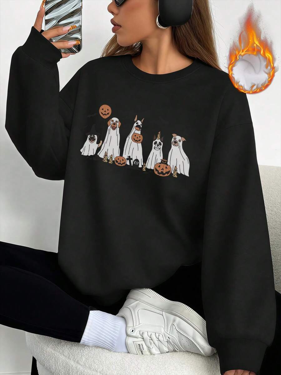 Felpa casual da donna con vestibilità morbida e rilassata, in tessuto confortevole per uno stile casual di tutti i giorni, perfetta per l'autunno/inverno, con design a tema Ognissanti con stampa adorabile di un cucciolo fantasma, progettata per giovani donne, scorte limitate, il regalo perfetto per lei