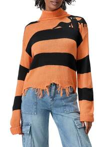 Women's Striped Halloween Sweater Vintage Loose High Neck Long Sleeve Ripped Irregular Hem Tops For Fall Winter - Orange - View 4