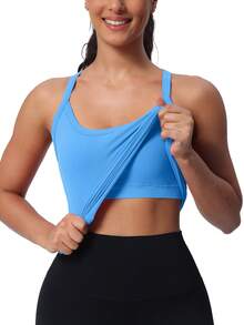 Athletic Tank Top For Women With Built In Bra, Sleeveless Gym Tops Seamless Racerback Workout Yoga Shirts - 藍色 - 查看 5