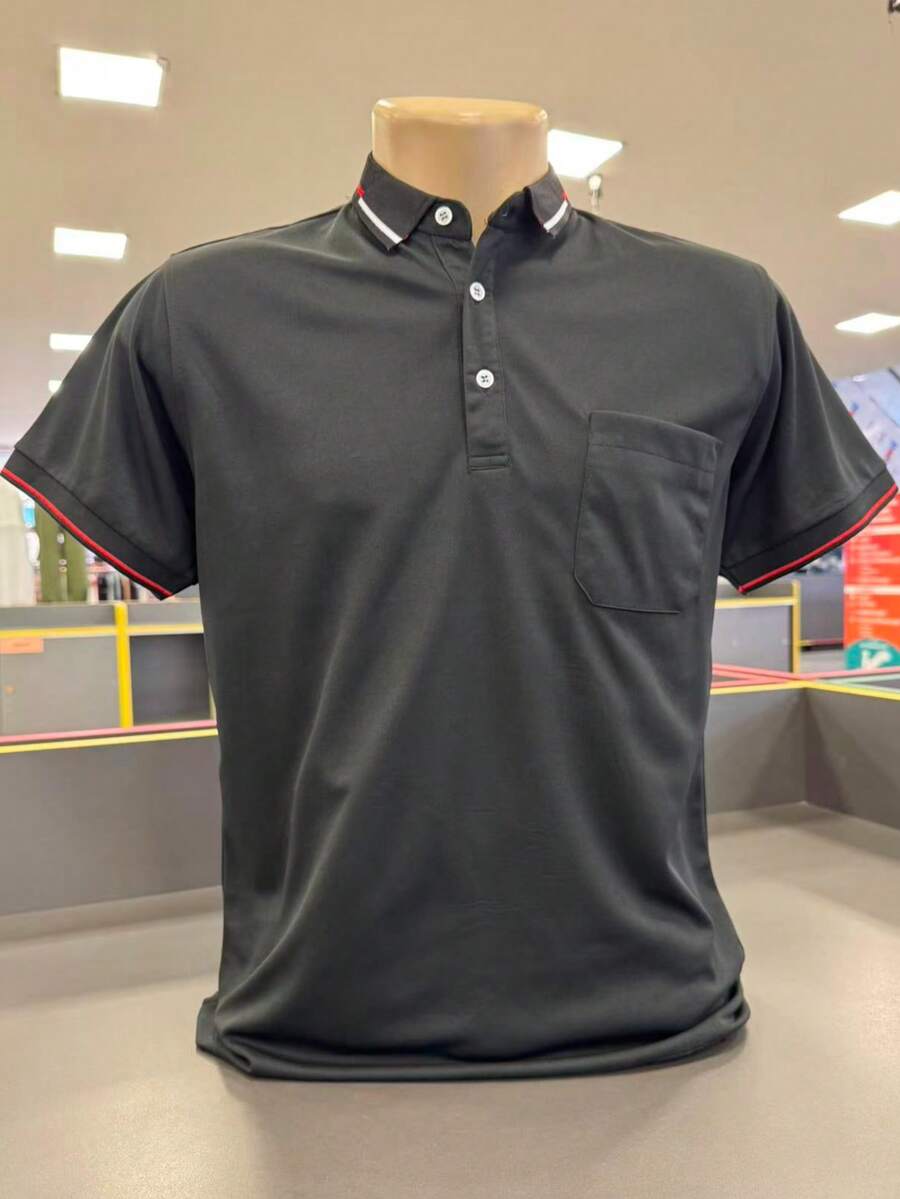 Men's Short Sleeve Polo Shirt With Pocket Casual Imported - 黑色 - 查看 1