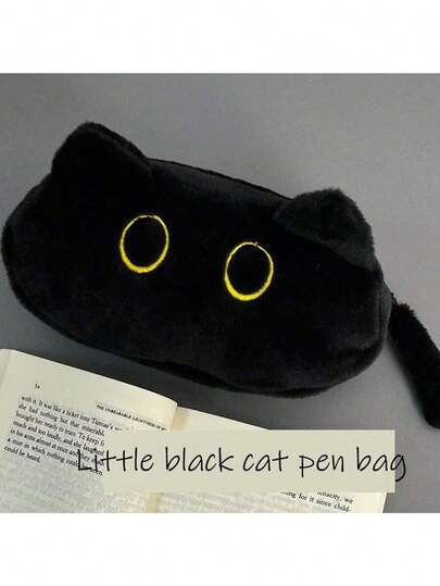 1 szt. Uroczy piórnik z czarnym kotem - pluszowy woreczek na długopisy, uroczy woreczek do przechowywania artykułów papierniczych w kształcie kota, duża pojemność, miękki i wytrzymały piórnik, odpowiedni do szkoły