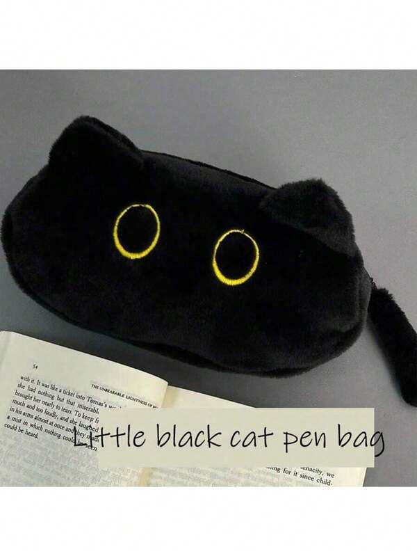 1 szt. Uroczy piórnik z czarnym kotem - pluszowy woreczek na długopisy, uroczy woreczek do przechowywania artykułów papierniczych w kształcie kota, duża pojemność, miękki i wytrzymały piórnik, odpowiedni do szkoły