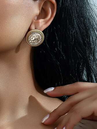 1 对高端复古金属罗马神话浮雕硬币耳环，富丽堂皇，做旧朋克风格耳环