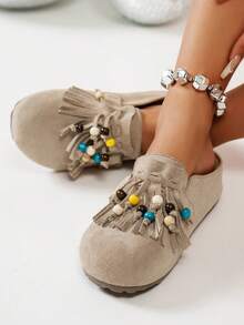 女士新款厚底鞋，牛津鞋款式，厚底高跟，休闲套脚鞋，包头设计，流苏串珠装饰，舒适百搭，适合户外旅行、休闲场合和居家穿着。 - 卡其色 - 查看 3