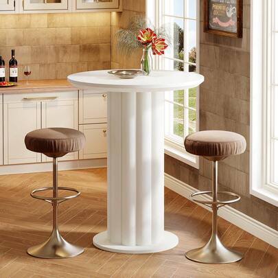 LITTLE TREE Bar Table Pub Table Counter Height Table 39 Inch With Roman Pillar Base, Wood Dining High Top Table For Kitchen Breakfast Bistro, Living Room, Small Space