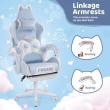 Cute Gaming Chair With Cat Ears & Cat Paw Lumbar Support, Ergonomic Reclining PC Chair, With Footrest, Headrest & Adjustable Features,Halloween Decor - 藍色 - 查看 3