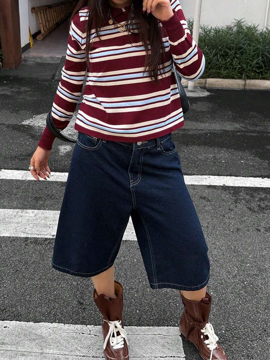 Top holgado de punto de manga larga con diseño de botones y cuello polo, de estilo casual urbano Y2K con rayas en contraste, para mujer - Multicolor - Ver 1