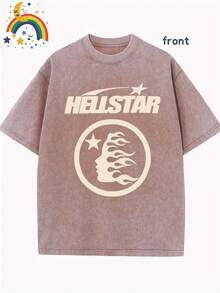 Star Pattern And "" Letter Print Men'S Summer Loose Fit Short Sleeved Washed Vintage 230g Pure Cotton Comfortable Breathable Casual Street Round Neck T-Shirt - Màu cà phê - Xem 1