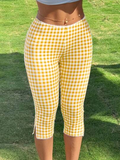 Womens Gingham Capri Pants High Waisted Skinny Fit Lace Cuffs Plaid Short Pants Summer Capris Leggings