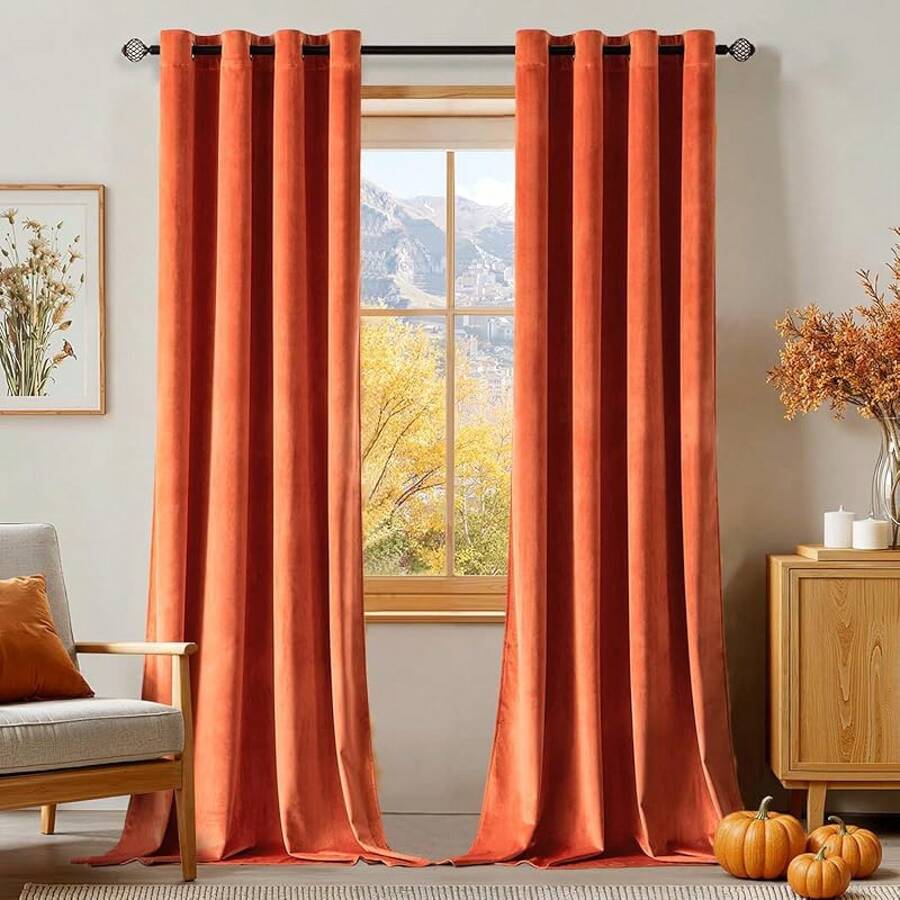 2 Panels Blackout Curtains Solid Soft Grommet Mustard Yellow Thermal Insulated Soundproof Room Darkening Curtains/Drapes/Panels Fall Living Room Bedroom 52 X 90 Inch - 焦橙色 - 查看 1