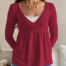 Women Wrap V-Neck Peplum Tops Casual Long Sleeve Tee Shirts Cute Front Twist Tie Knot Shirts Fall Blouses - Màu Đỏ Sâu - Xem 5