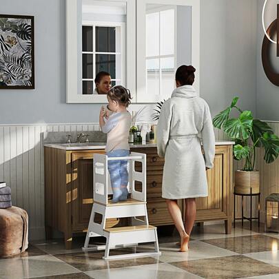  AIYAPLAY Toddler Tower, 2 In 1 Toddler Step Stool With Chalkboard, Ty Rail, Kids Standing Tower For Kitchen, Counter, Bathroom, Sink, White