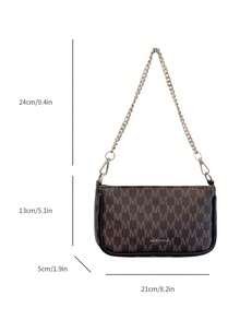 New Fashion Classic Versatile PU Waterproof Fabric Letter Pattern Printing Design Metal Chain Decoration Design French Baguette Bag, Women's Shoulder Wallet, Latin American Street Style Wallet, Suitable For Shopping. Travel To Work, Party Gatherings - 咖啡棕 - 查看 2