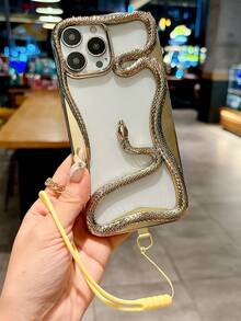 Fashionable New Champagne Electroplated 3D Creative Interesting Hollow Breathable Mini Snake Phone Case With Metal Triangle Pad, Silicone Lanyard, Compatible With Iphone 16 Pro Max/Compatible With Iphone 15/Compatible With Iphone 17 Pro Max - Gold - View 3
