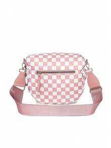 Classic Checkered Design Crossbody Bag–Matches Diverse Styles For Outings, Commutes & Leisure Time  Ample Space For Daily Errands, Casual Outings & Travel Adventures - Kẻ sọc hồng và trắng - Xem 4