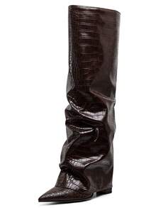 2025 New Knee High Boots For Women With Pointed Thick Heels And Solid Color Patterns Comfortable Fashionable Autumn  Winter Nightclub Party Motorcycle Combat Boots - 棕色石頭紋 - 查看 11