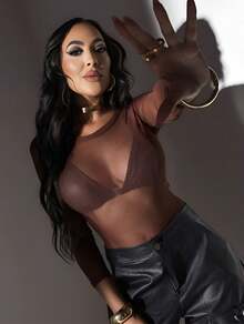 Women's Transparent Style Bodysuit Sensual Look In Plain Tulle High Neck Perfect Look For A Night Out Party - Rust Brown - View 4