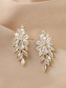 1pair Luxury Flower Cubic Dangle Earrings For Women Bridal Wedding Jewelry Gift For Female Girlfriend Valentine's Day Accessories - Golden - View 3