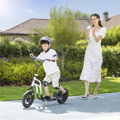  AIYAPLAY Monopattino per Bambini 5-12 Anni con Ruote Grandi da 30cm e Manubrio Regolabile, Scooter per Bambini in Acciaio con Freno Posteriore, Cavalletto, Bianco e Nero