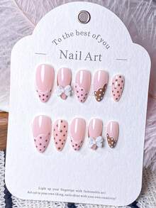 10片手工按压式短指甲贴，波点美甲贴，法式美甲贴纸，棕色美甲贴，红色美甲贴，黑色美甲贴，白色美甲贴，粉色美甲贴，蓝色美甲贴，可爱美甲贴，畅销手工五角星美甲贴，3D瓢虫蝴蝶结装饰杏仁形美甲贴纸，女士和女孩美甲用品，手工按压式指甲贴 - 粉色 - 查看 3