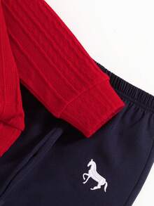 2 件男童休闲刺绣设计常规版型半襟长袖上衣和长裤套装，春秋