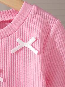 Girls Casual Plaid Pattern Bow Decor Round Neck Long Sleeve Knee-Length Dress, Suitable For Spring And Autumn - Pink - View 4