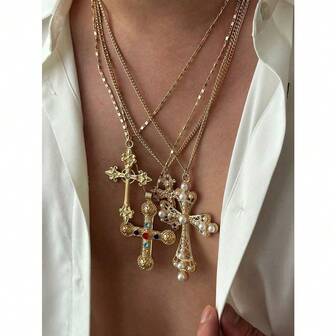 4pcs Fashionable & Unique Cross Pendant Necklace, Layered Pearl Long Chain Choker Necklace, Suitable For Father's Day & Mother's Day