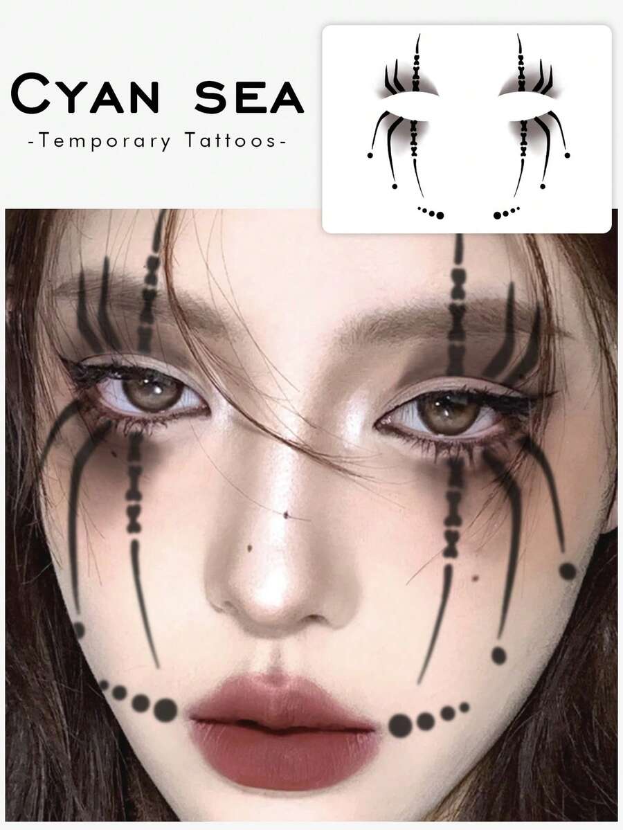 1 Piece Of Halloween Funny Spider Claw Ink Spotted Eyeliner Face Temporary Tattoo Sticker Suitable For Carnival Party Cosplay Horror Spider Weaving Horror Waterproof And Sweatproof Temporary Tattoo Sticker - Black - View 1