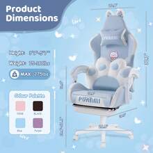 Cute Gaming Chair With Cat Ears & Cat Paw Lumbar Support, Ergonomic Reclining PC Chair, With Footrest, Headrest & Adjustable Features,Halloween Decor - 藍色 - 查看 6