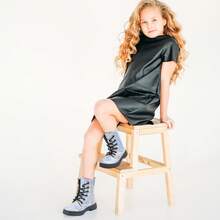 Kids Lace-Up Zip Boots, Easy On/Off Glossy PU Leather Comfort, Everyday School & Outdoor Adventures, ClassicPicks Fashion Style - 銀色 - 查看 2