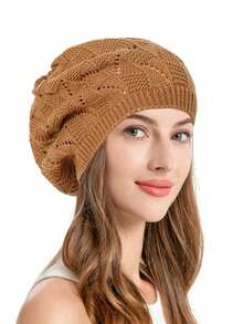 2Pcs/1pc Women's Fashion Hollow Knitted Leaf Flower Beret Casual Daily Beret Solid Color Fashion Versatile Hat Slack, Suitable For Daily Life And Travel