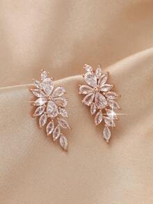1 Pair Luxury Floral Cubic Pendant Earrings, Bridal Wedding Jewelry Gift For Girlfriend - Rose Gold - View 3