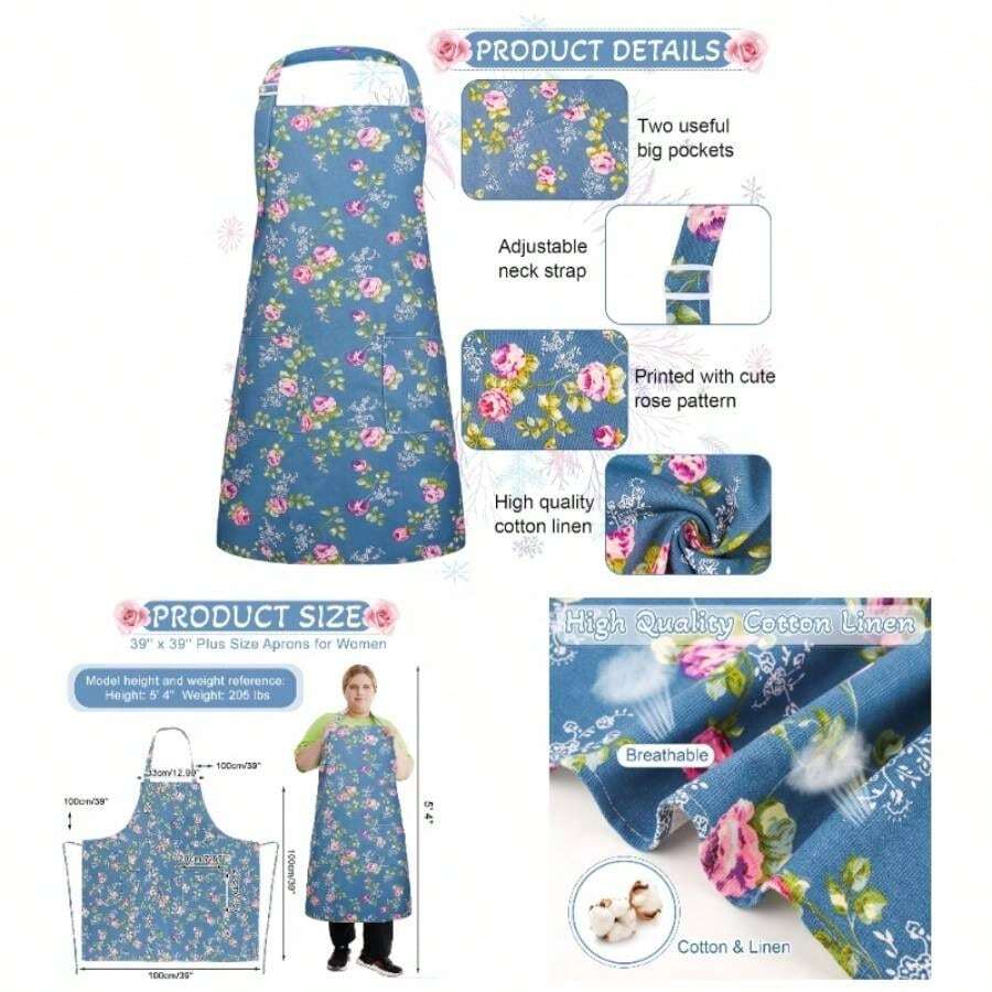 Plus Size Floral Aprons Women, Adjustable Kitchen Aprons With 2 Pockets Vintage Floral Aprons Gifts, 39x 39 In - Màu xanh hải quân - Xem 1